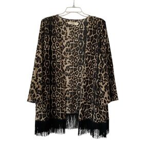 Faded Glory Leopard Animal Semi Sheer Print Fringe Kimono Cardigan Size XL NWT